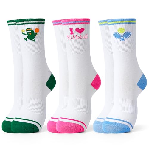 Jeasona Pickleball Socks for Women Pickleball Gifts for Women Pickle Ball Lovers- 3 Pairs Funny Sports Cotton Crew Socks with Arch Support Athletic Socks US Size 6-9