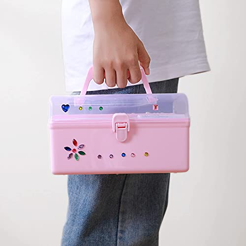 School Art Supply Box, Large Pencil, Toy, Crayon, Craft Storage Containers, Plastic Makeup Box for Brushes, Perfume, Cosmetic Storage with Handle - Pink