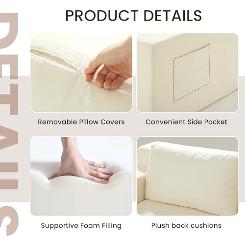 GRUSIGN 71" Boneless Loveseat Couch,Chenille Pullout Futon Couch,4 in 1 Folding 3 Seater Sofa Bed for Living Room,Boneless Cloud Couch with Storage Pocket & 2 Pillows,Beige - Image 5