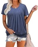 ZOLUCKY Plus Size Tunic Tops for Women Casual Short Sleeve Tunics Pleats Front Scoop Neck Solid Color Summer Blouses, Navy XX-Large