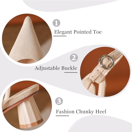 Women's Suede Closed Pointed Toe Sexy Slingback Low Chunky Heel Pumps with Adjustable Buckle Fashion Slip on Comfortable Non-Slip High Heel Sandals for Party Formal Wedding Dress4