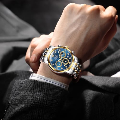 OLEVS Men's Chronograph Watch, Gold Silver Stainless Steel Analog Quartz Watch, Waterproof Multi-Function Dial with Date Diamond Watches for Men
