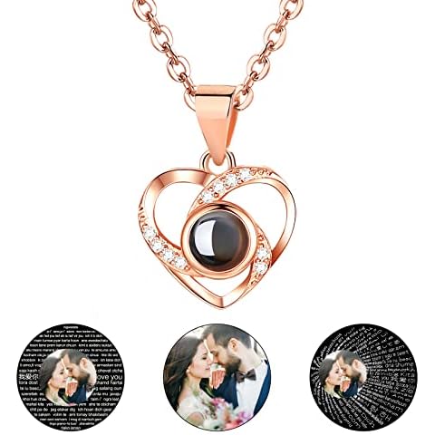 Personalised Photo Necklace Custom Picture Projection Necklace for Women - Love Heart Pendant Necklace with Picture Inside - Customised Birthday Anniversary Memorial Gifts for Wife Girlfriend (B1) Cover