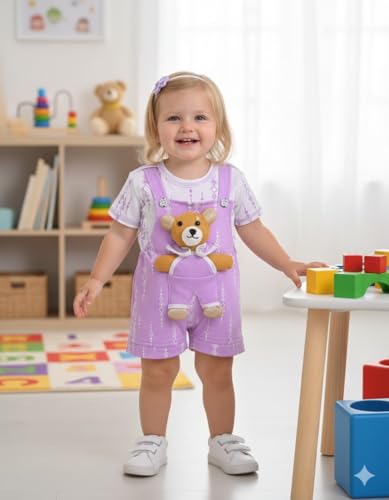 Image of A.T.U.N. (ALL THINGS UBER NICE) Baby Girls Cotton Denim Dungaree Set with 3D Teddy Bear Design |Printed T-Shirt with Adjustable Straps | Stylish & Comfortable Daily Outfit for Baby Unisex