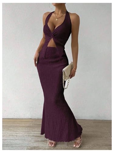 Image of SOLY HUX Women's Two Piece Outfits Twist Front Halter Cami Tops and Skirt Summer Set