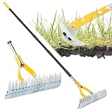 Thatch Rake for Lawn with 74inch Handle, 15 inch Dethatcher Rake for Grass to Cleaning Dead Grass, Efficient Steel Metal Rake for Dethatching, Heavy Duty Thatching Rakes for Garden, Yard