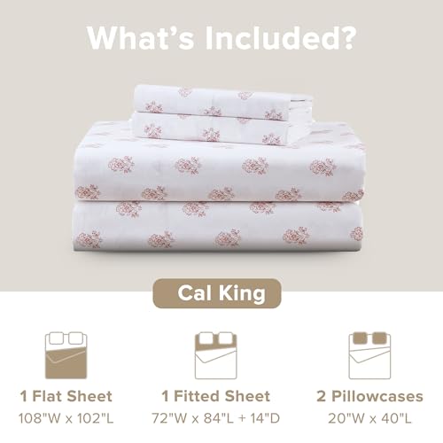 Image of Comfort Spaces 100% Cotton Percale Sheets Cal King Size 4 Pcs, Floral Pink