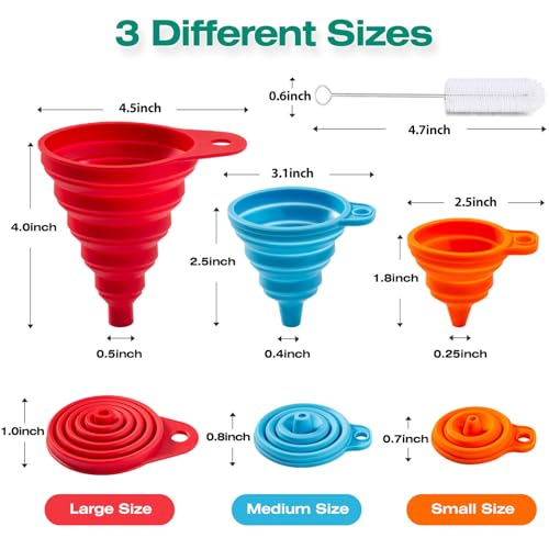 KALAVE 6 Pack Kitchen Funnel Set - Food Grade Silicone Collapsible Funnel, Funnels for Kitchen Use Filling Bottles, Daily Cooking, and Water or Powder Transfer. (Multicolor)