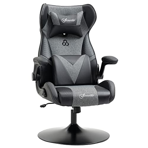 Vinsetto Chaise de Gaming Ergonomique avec Base Ronde Hauteur réglable accoudoir relevable Coussins tétière et lombaires PU Gris Noir