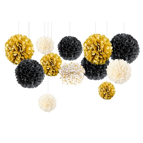 NICROLANDEE - Lot de 12 pompons en papier de soie doré noir et blanc - Décoration de fête - Pour mariage, anniversaire, fête prénatale, douche nuptiale,...