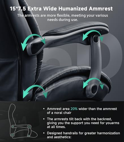 Image of Big and Tall Office Chair with Wide Area Armrest, Reclining Desk Chair with Adjustable Lumbar Support, PU Leather High Back Ergonomic Executive Computer Chair