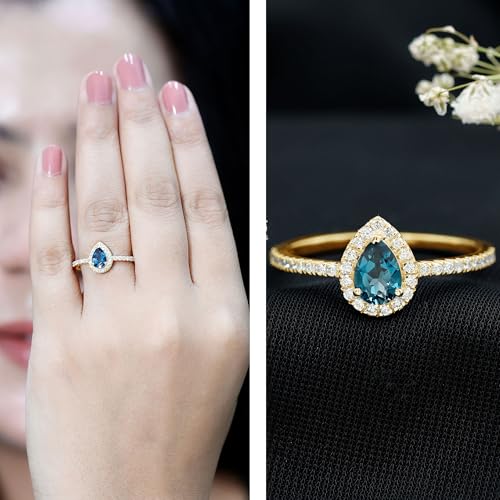 Natural London Blue Topaz Halo Ring, AAA Quality, Teardrop Wedding/Engagement Ring2