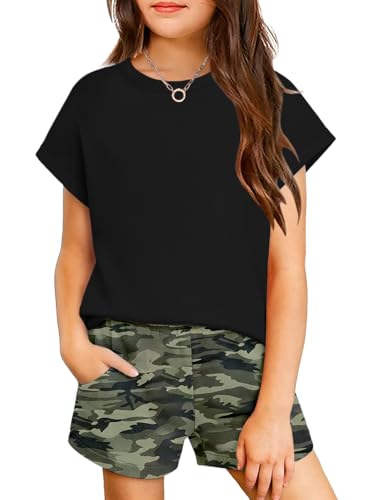 Arshiner Girls Summer 2 Piece Outfits Short Sleeve Tshirt and Elasitc Waisted Shorts Clothing Sets Camouflage 8-9 Years