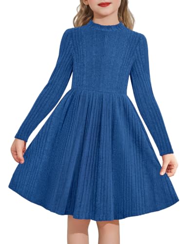 Image of Arshiner Girls Sweater Dress Ribbed Knit Dresses for 7-8 Years Royal Blue
