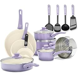 Cacerolas Tasty GreenLife Soft Grip Juego de 16 ollas y sartenes de cerámica antiadherente, incluye sartén, cacerola y cazo, sin PFAS, apto para lavavajillas, apto para horno, lavanda
