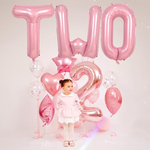 Image of 40 Inch Pastel Pink TWO Letter Balloons, Light Pink TWO Balloon Letters with Ribbon, Pearl Pink Alphabet TWO Balloon for Kid Girls 2 Year Old Birthday Second 2nd Anniversary Party Decorations