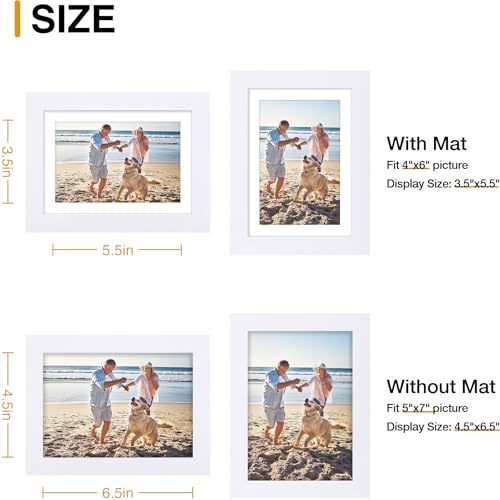 decorUhome 5x7 Picture Frame, Display Photos 4x6 with Mat or 5x7 Unmatted, Engineered Wood Frame with Plexiglass for Wall and Tabletop Display, White, Set of 1