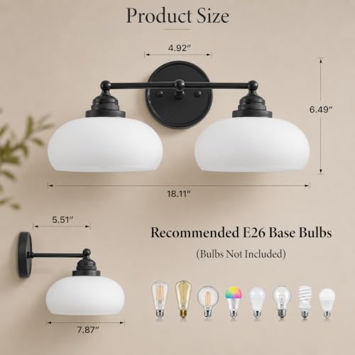 Image of Vintage Milk Glass Wall Sconce,2 Lights Matte Black Bathroom Vanity Light | Mid Century Modern Black Bathroom Sconce over Mirror,Milk White Glass Wall Lights Decor Lamp for Bedroom Living Room Hallway