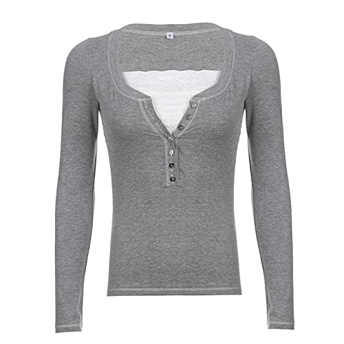 Image of Fairy Grunge Shirts for Women Y2K Tops Long Sleeve Lace Patchwork Tees Teen Girls Vintage Slim Blouse Fall Clothes