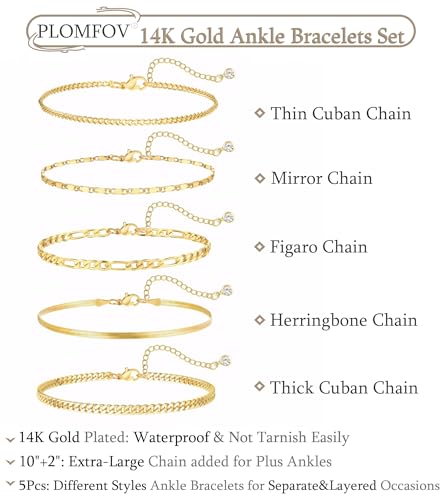 Image of Plus Size Gold Ankle Bracelets for Women Big Ankles, Adjustable Ankle 14K Real Gold Plated Cuban Link Chain Figaro Snake Herringbone Extra Large Anklet Bracelets,Summer Beach Foot Jewelry 10-12inch