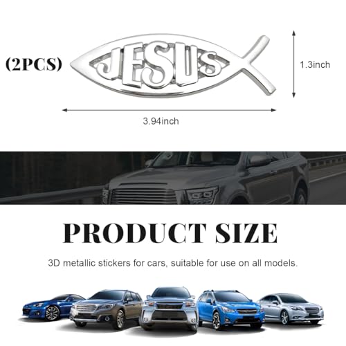 Image of DXNQ 2PCS Jesus Fish Decal Sticker, 3D Car Decal Jesus Christian Fish Symbol Chrome Emblem, Faith Fish Stickers Religious Metal Badge Auto Decor for Truck Motorcycle Fridge (Silver)