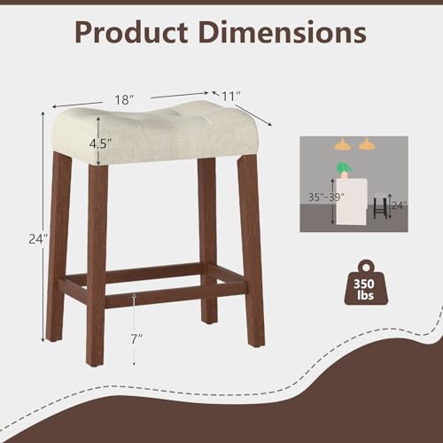 Image of Giantex 24 inch Bar Stools Set of 2, Upholstered Counter Height Saddle Bar Stools with Footrest and Wood Legs, Farmhouse Button Tufted Backless Barstools for Kitchen Island, Dining Room, Cafe, Beige+Brown
