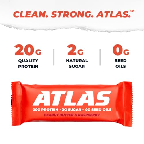 Image of Atlas Real Food Protein Bar - 20g Clean Protein, 2g Sugar, No Seed Oils, No Artificial Sweeteners (Peanut Butter & Raspberry, 36 Count)