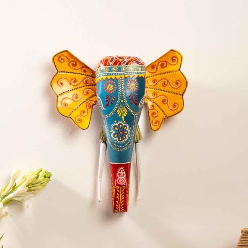 Image of ATRANGI STUDIO Handpainted Wooden Elephant Wall Decor | Ethnic Wooden Wall Art | Symbol of Strength & Wisdom | Wall Hanging for Home, Corridor & Balcony | Ready to Hang | 11 Inch, Turquoise
