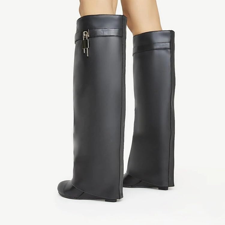 keleimusi Fold Over Wedge Boots Heeled PadLock Pant Knee High Shoes Tall/Short Booties in Black - Image 5