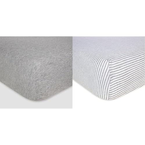 Image of Burts Bees Baby Solid & Stripe Organic Cotton Fitted Crib Sheets, Heather Grey, Standard Bed & Toddler Mattress, 28 x 52 x 5.5 Inch 1-Pack