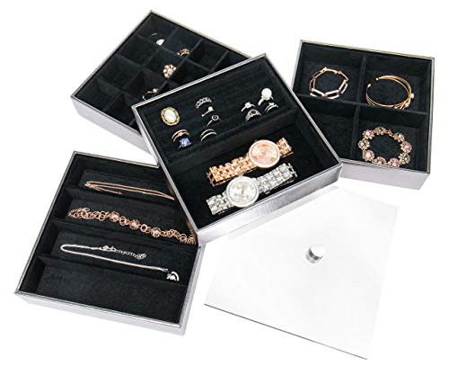 JACKCUBE DESIGN Assortiment de Boîtes de Rangement Bijoux avec Couvercle Acrylique, Organiseur de Boucles d’Oreilles/Collier/Bracelet/Anneau (Ensemble de 3 coffrets (argent), 18 x 18 x 17 cm) - MK409B Cover