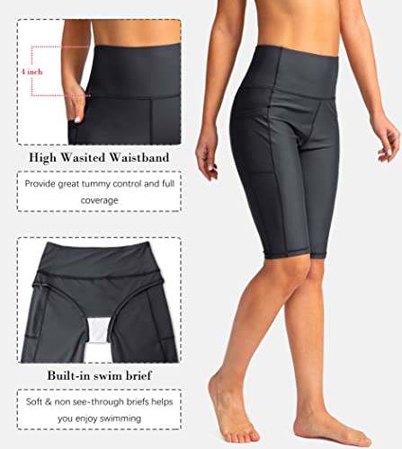 Image of SANTINY Women's High Waisted Swim Shorts with Pockets UPF50+ Long Board Swimming Shorts for Women with Liner