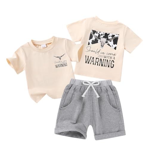 Happy Town Toddler Boys Graphic T-Shirt Shorts Set Casual Short Sleeve Summer Outfits for Baby Boys 6M-5T(Cow Skull Western Set 12-18 Months)