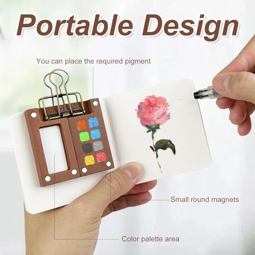 Chiluxendo Aquarell Set Unterwegs mit Clips, 12 Farbe Aquarell Reiseset, Mini Malset für Unterwegs mit Aquarellpapier Journal, Aquarellpinsel, Tragbares Holz Malpalette für Maler, Studenten(8 Gitter)
