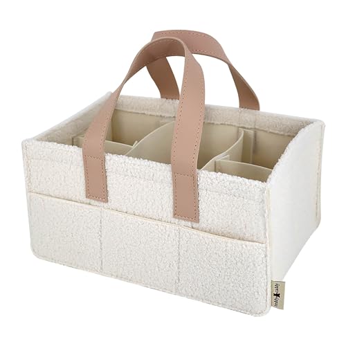 Image of Teddy Sherpa Diaper Caddy - Beige Baby Nursery Organizer for Diapers and Essentials, Neutral Nursery, Portable Diaper Storage Basket