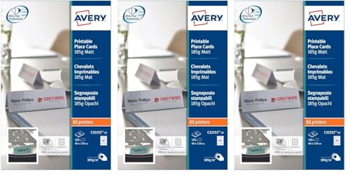 Image of Avery Printable Place Cards, Double Sided Micro-Perforated, All Printers, 110 x 40 mm, 4 Cards per Sheet, 100 Cards Per Pack - 185gsm, White (Pack of 3)