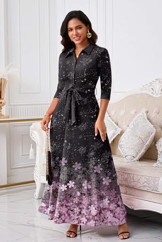 Image of Runwind Women Church Maxi Dresses 3 /4 Sleeve Button Down Print Casual Office Dress African