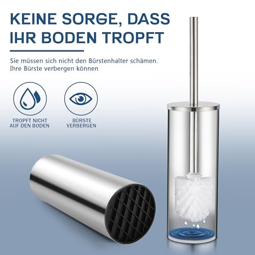 FIISAYL Klobürste Toilettenbürste WC Bürste mit Klobürstenhalter Bürstengarnitur mit Edelstahlgriff und -sockel, Silber Matt