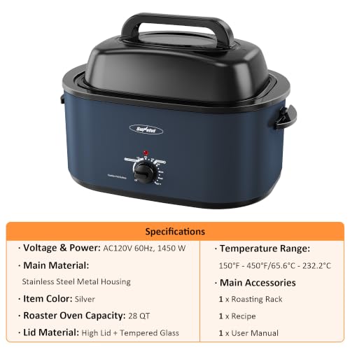Image of Sunvivi Roaster Oven 28QT, Electric Roaster Pan with Lid for Large Turkey | Self-Basting & Glass Viewing Lid, Removable Pan, 150-450F Temp Control, for Baking Slow Cook Defrost Warm Turkey Up to 28lb