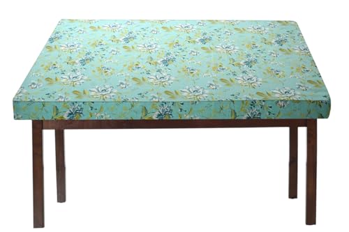 Image of The Furnishing Tree Elastic Cotton Square Dining Table Cover 44x44 in Inches Floral Golden Leaf on Blue Base