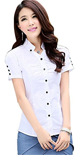 Double Plus Open Womens V-Neck Button Down Shirt Short Sleeve Collared Work Blouse White 4