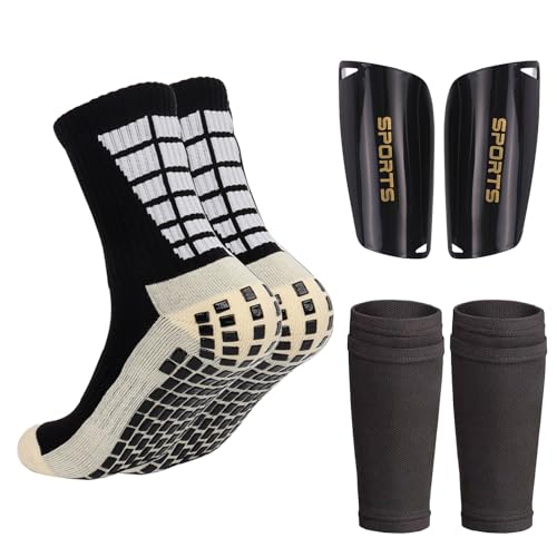 Football Socks with Shin Guard for Men, 1Pairs Mens Grip Soccer Socks and 2Pcs Shin Sleeves with 2Pcs Shin Guards for Adults