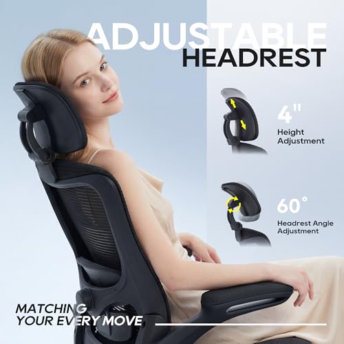 Office Chair, Ergonomic Mesh Desk Chair with Adjustable Lumbar Support and Headrest, Flip-up Armrests, High Back Computer Task Chair for Home and Executive Office (B-All Black) - Image 5