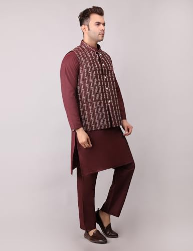 Image of Men's Cotton Silk Blend Regular Kurta Pyjama, Embroidered Nehru Jacket /Waistcoat Set