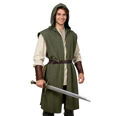 Men's Medieval Hooded Surcoat Halloween Cosplay Viking Ren Faire Costume Renaissance Ranger Tunic Tabard Cloak Army Green