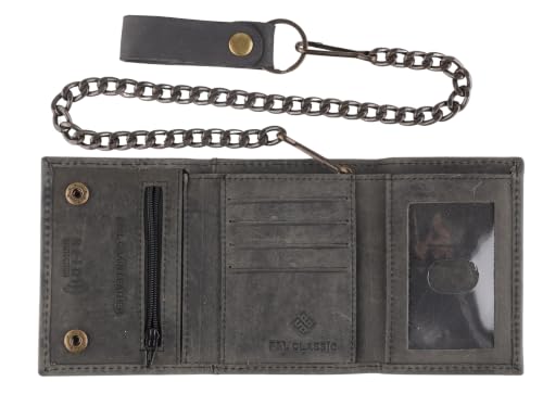 Image of F&L CLASSIC RFID Blocking Men's Tri-fold Vintage Biker Cowhide Leather Steel Chain Wallet,Snap closure,black charcoal, 315-900