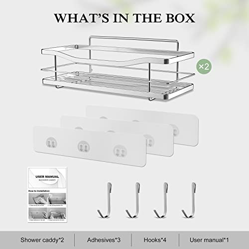 Eagmak Shower Caddy With Hooks Of 4, No Drilling Adhesive Shower Shelf Wall Mounted Shampoo Holder, Sus304 Stainless Steel Shower Storage Organizer For Bathroom, Toilet And Kitchen- 2 Pack (Silver) #TOP7