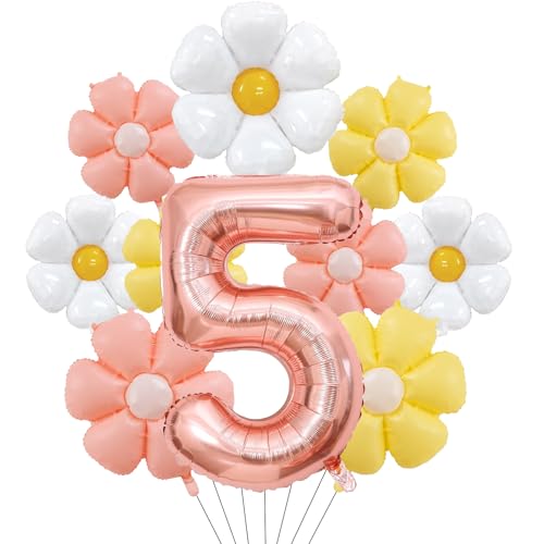 Décoration d'anniversaire 5 ans, pour fille et garçon, avec ballon en aluminium en forme de marguerite, kit de décoration pour le 5e anniversaire, fille garçon et fille avec ballon en forme de chiffre