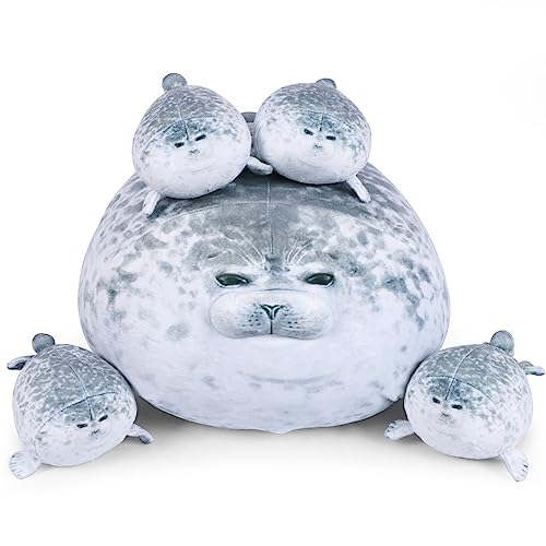 ETAOLINE Chubby Blob Seal Pillow Cute Seal Plush Toy Stuffed Animals with 4 Baby Plush, Style-d, L(20in)