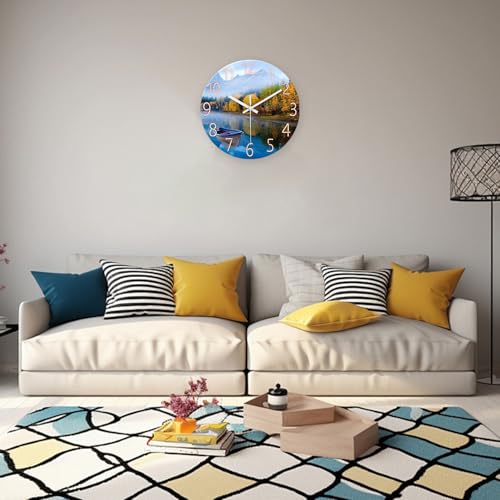 Image of XFM Natural Landscape Wall Clock 14 Inch Lake Boat | Silent Non-Ticking Battery Operated Modern Glass Nature Decorative for Living Room Kitchen Bedroom Office